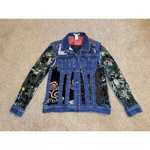 JOHN MARK Velvet Burnout Cut Out Patchwork Sheer Denim Jacket Boho Goth Fairy S